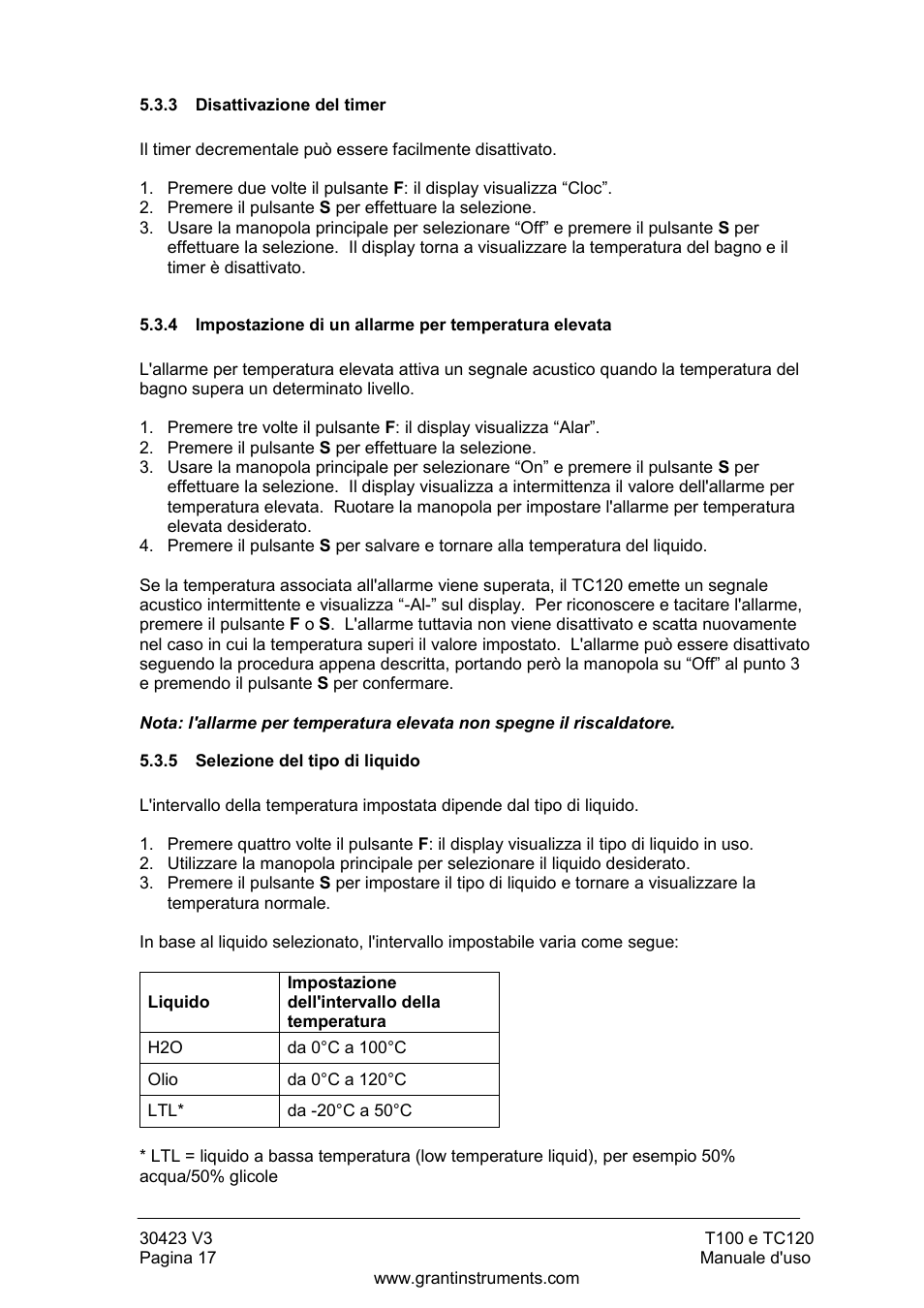 Disattivazione del timer, Impostazione di un allarme per temperatura elevata, Selezione del tipo di liquido | Grant Instruments TC120 Operating Manual User Manual | Page 90 / 124