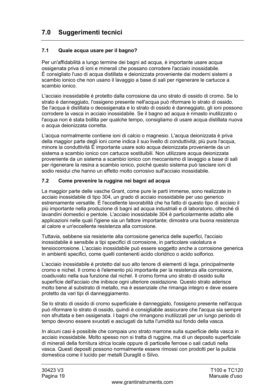 Suggerimenti tecnici, Quale acqua usare per il bagno, Come prevenire la ruggine nei bagni ad acqua | 0 suggerimenti tecnici | Grant Instruments TC120 Operating Manual User Manual | Page 92 / 124