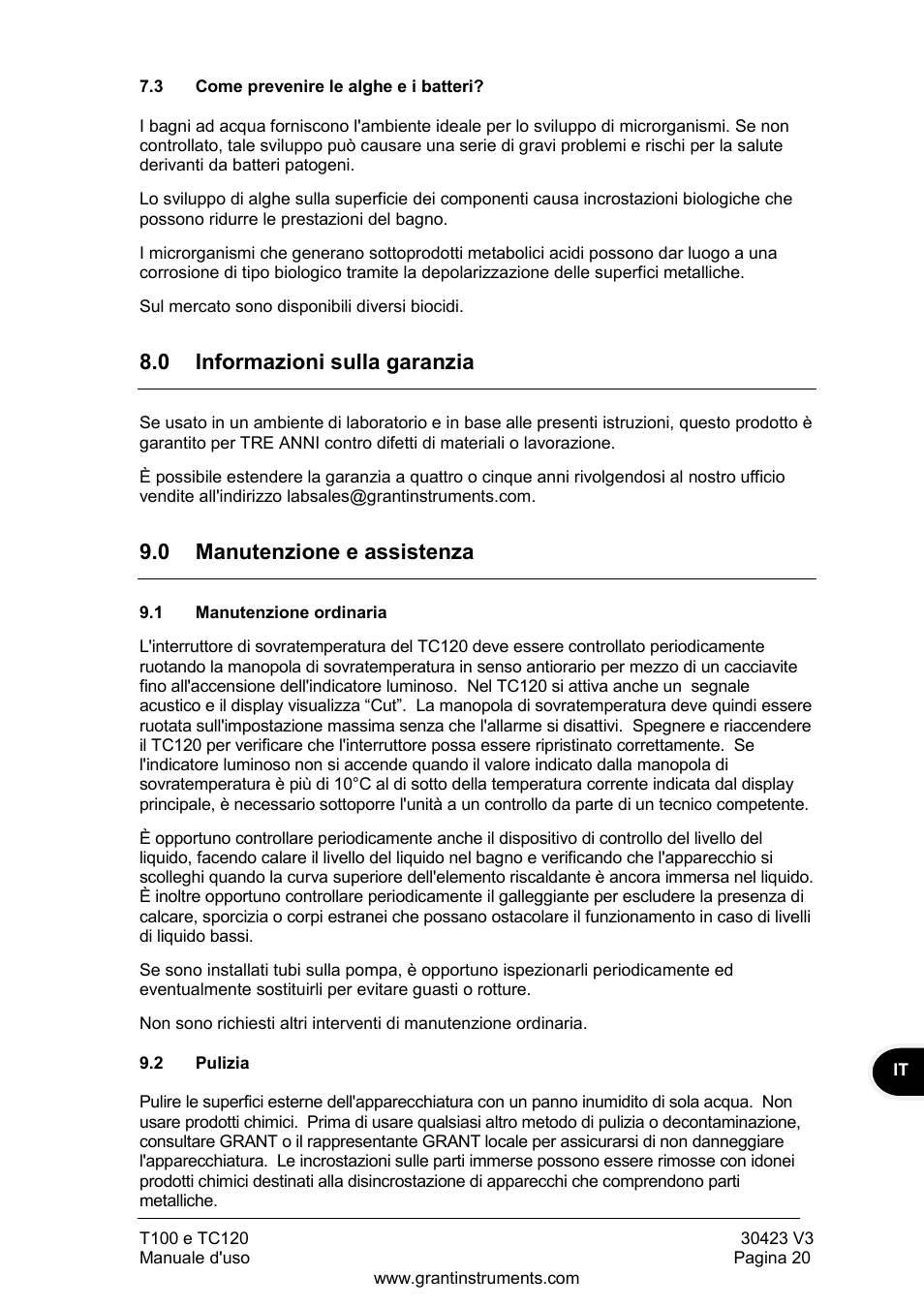Come prevenire le alghe e i batteri, Informazioni sulla garanzia, Manutenzione e assistenza | Manutenzione ordinaria, Pulizia, 0 informazioni sulla garanzia, 0 manutenzione e assistenza | Grant Instruments TC120 Operating Manual User Manual | Page 93 / 124