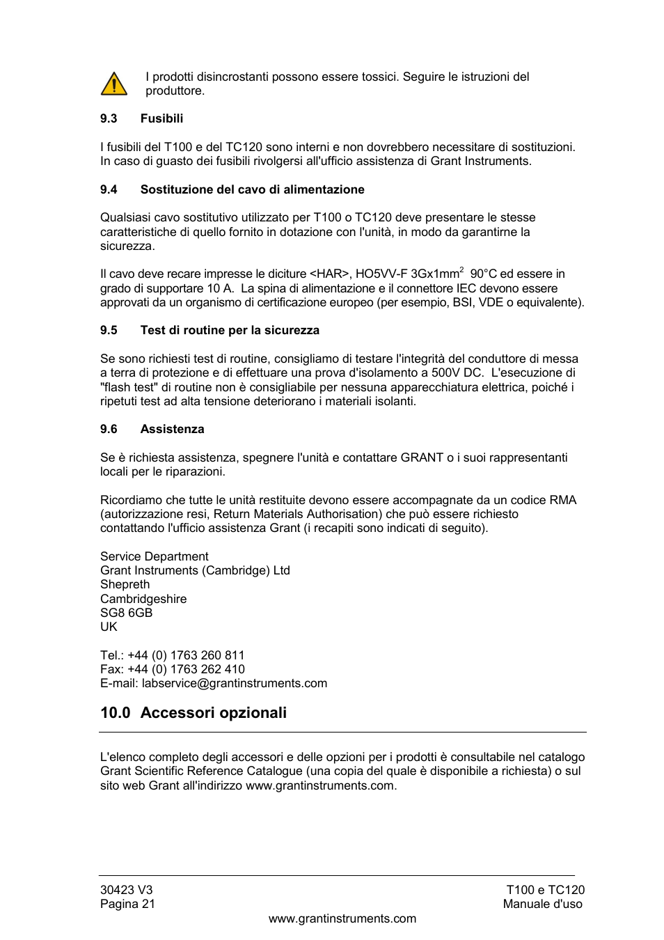 Fusibili, Sostituzione del cavo di alimentazione, Test di routine per la sicurezza | Assistenza, Accessori opzionali, 0 accessori opzionali | Grant Instruments TC120 Operating Manual User Manual | Page 94 / 124