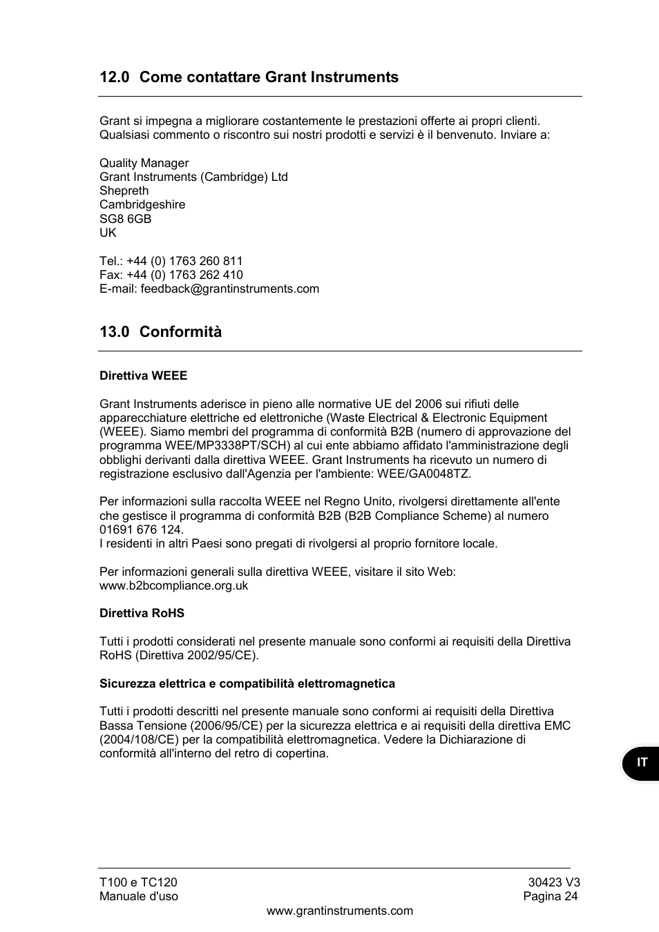 Come contattare grant instruments, Conformità, 0 come contattare grant instruments | 0 conformità | Grant Instruments TC120 Operating Manual User Manual | Page 97 / 124