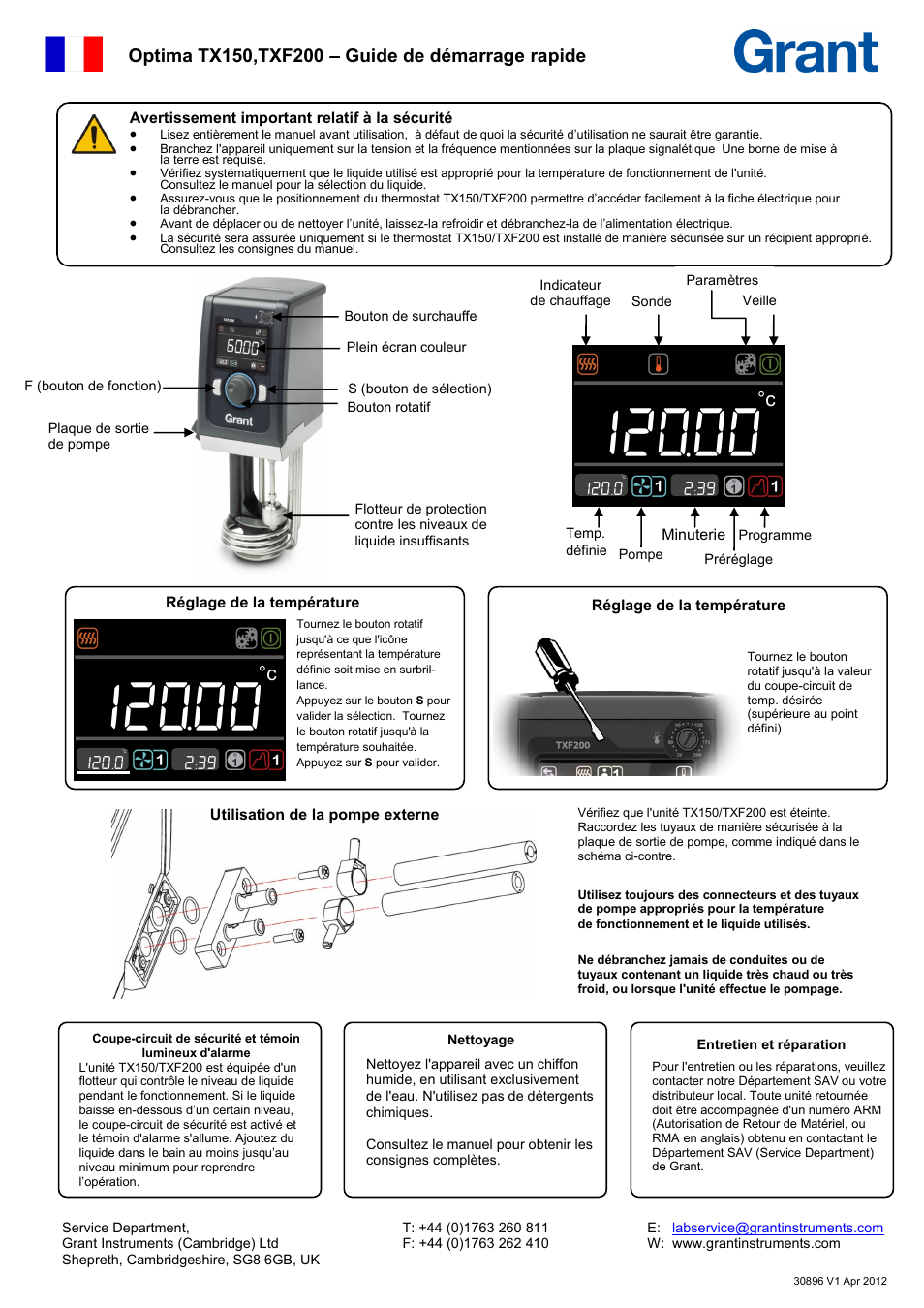 30896(1) tx150_txf200 quick start guide fr&de | Grant Instruments TXF200 Quick Start User Manual | Page 2 / 5