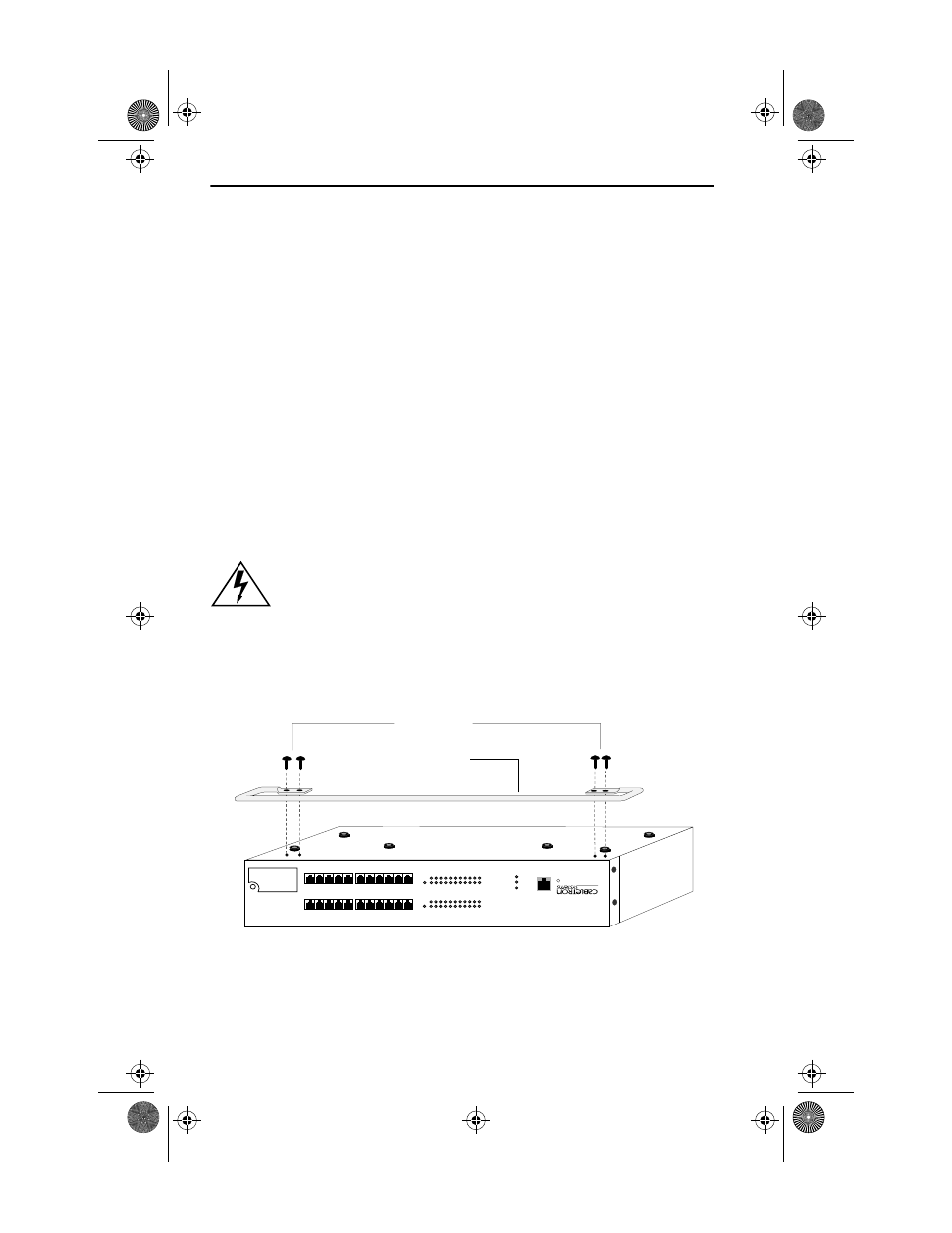 4 rackmount installation, Rackmount installation -4, Attaching the strain-relief bracket | Figure 4-3 attaching the strain relief bracket, Strain-relief bracket screws (4) | Cabletron Systems SEHI100TX- User Manual | Page 26 / 75