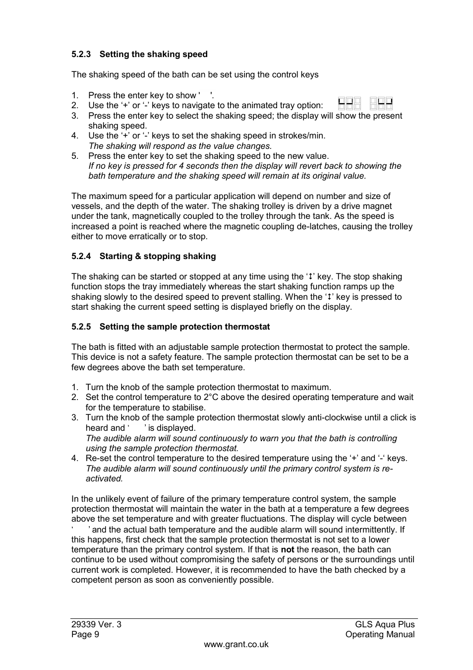 3 setting the shaking speed, 4 starting & stopping shaking, 5 setting the sample protection thermostat | 6 configuring a bath preset | Grant Instruments GLS Aqua Plus Operating Manual User Manual | Page 10 / 94
