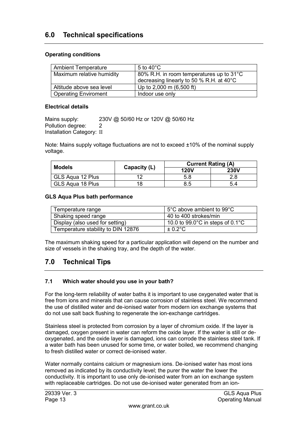 Technical specifications, Technical tips, 1 which water should you use in your bath | 0 technical specifications, 0 technical tips | Grant Instruments GLS Aqua Plus Operating Manual User Manual | Page 14 / 94