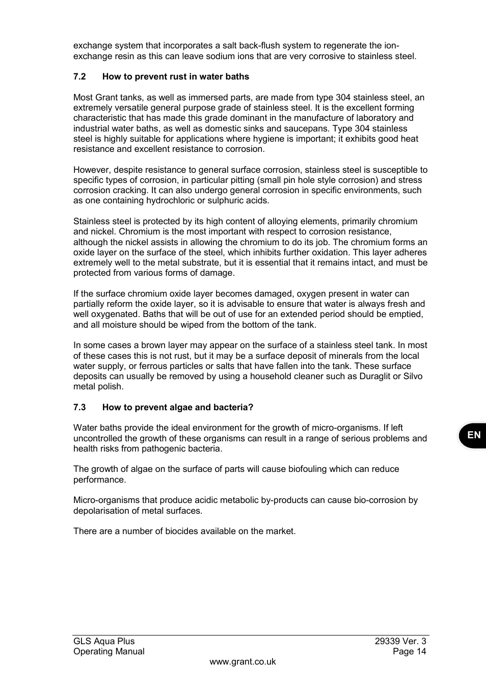 2 how to prevent rust in water baths, 3 how to prevent algae and bacteria | Grant Instruments GLS Aqua Plus Operating Manual User Manual | Page 15 / 94