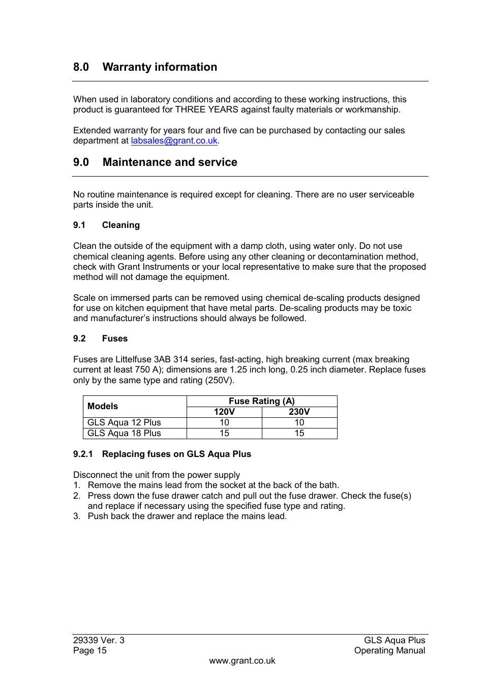Warranty information, Maintenance and service, 1 cleaning | 2 fuses, 1 replacing fuses on gls aqua plus, 0 warranty information, 0 maintenance and service | Grant Instruments GLS Aqua Plus Operating Manual User Manual | Page 16 / 94
