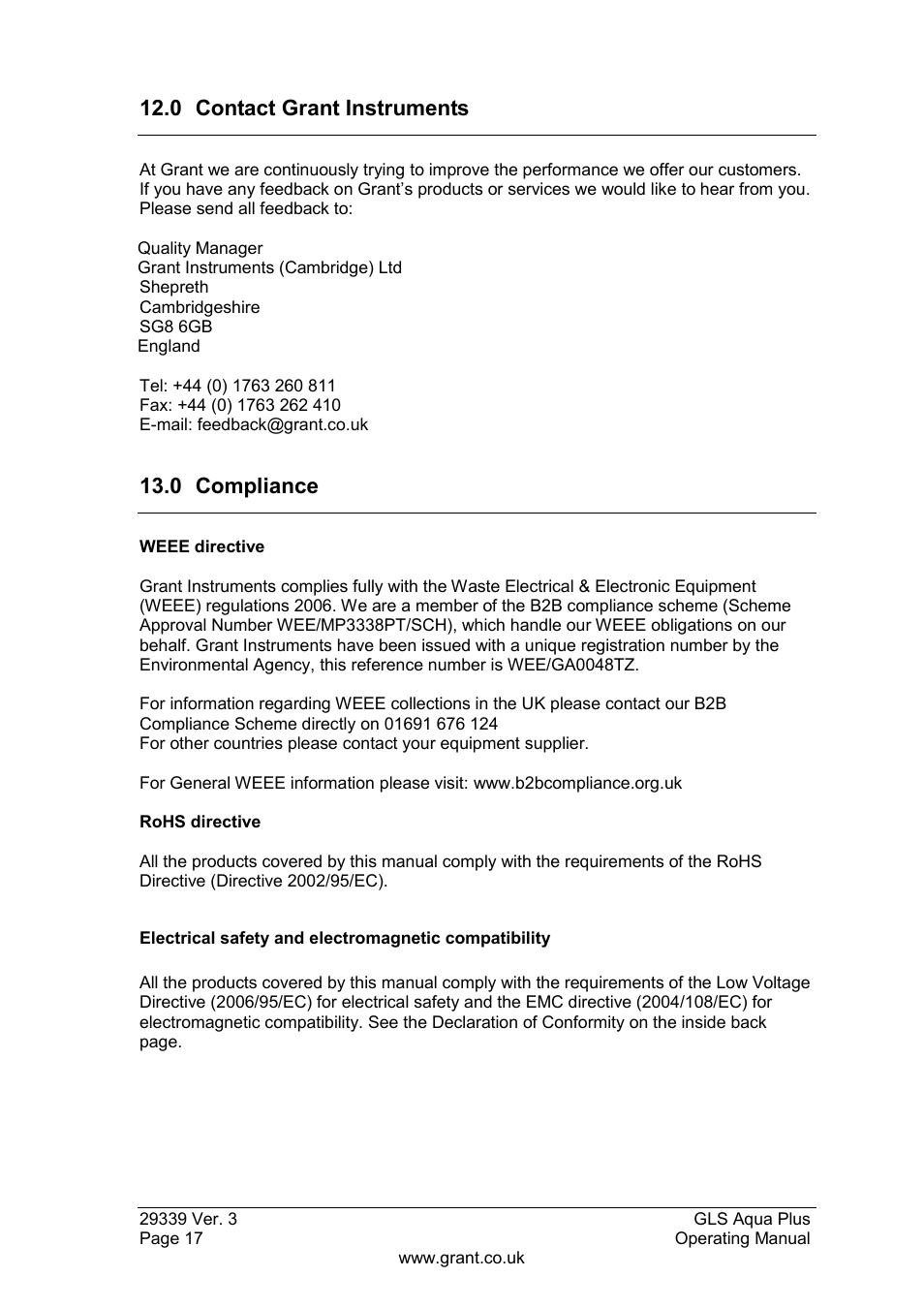 0 contact grant instruments, 0 compliance | Grant Instruments GLS Aqua Plus Operating Manual User Manual | Page 18 / 94
