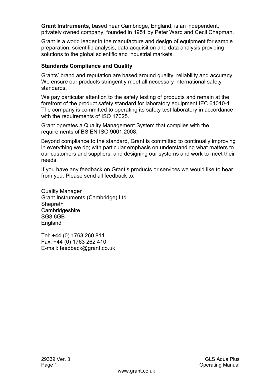 Grant Instruments GLS Aqua Plus Operating Manual User Manual | Page 2 / 94