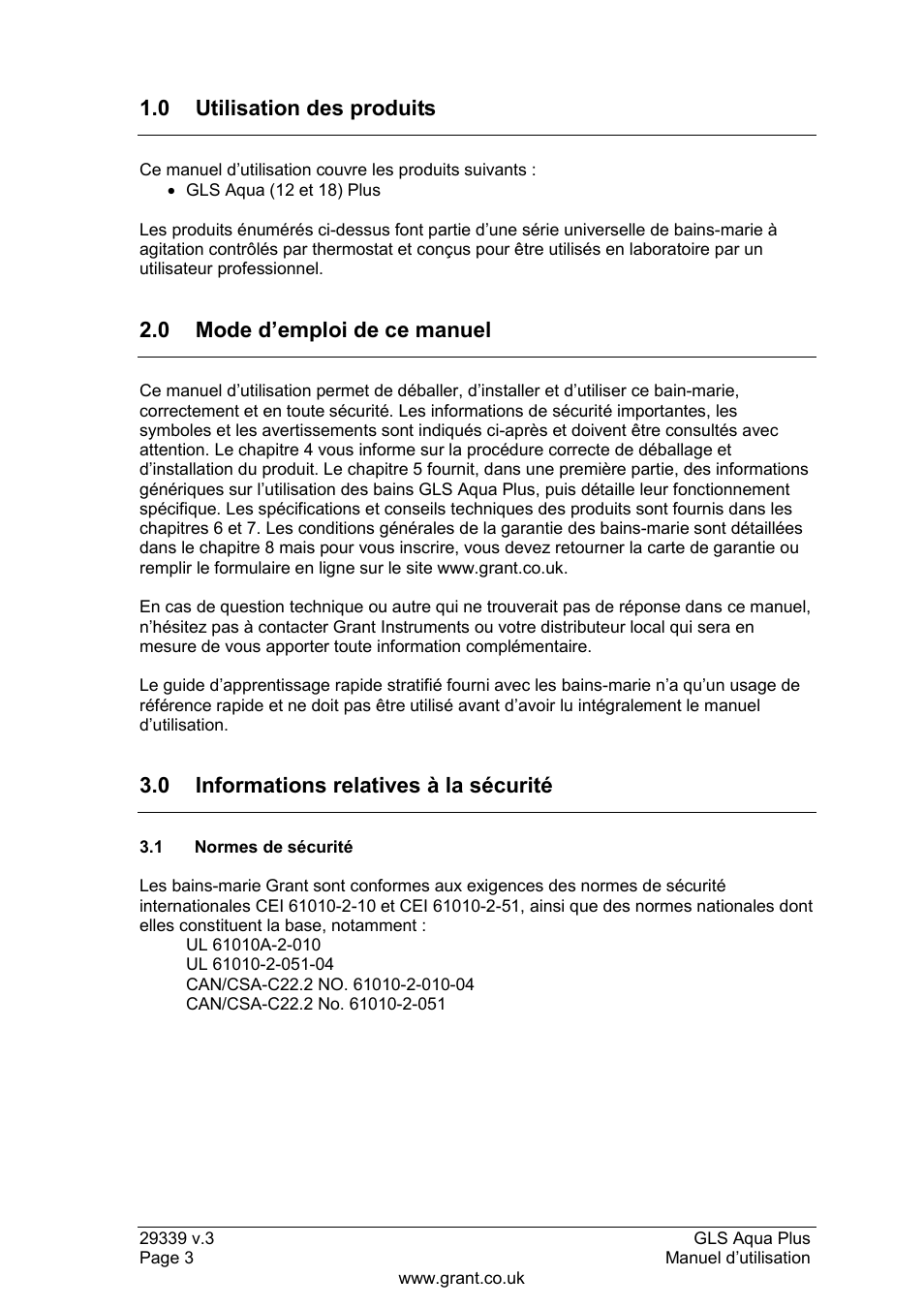 Utilisation des produits, Mode d‟emploi de ce manuel, Informations relatives à la sécurité | 1 normes de sécurité, 0 utilisation des produits, 0 mode d‟emploi de ce manuel, 0 informations relatives à la sécurité | Grant Instruments GLS Aqua Plus Operating Manual User Manual | Page 22 / 94