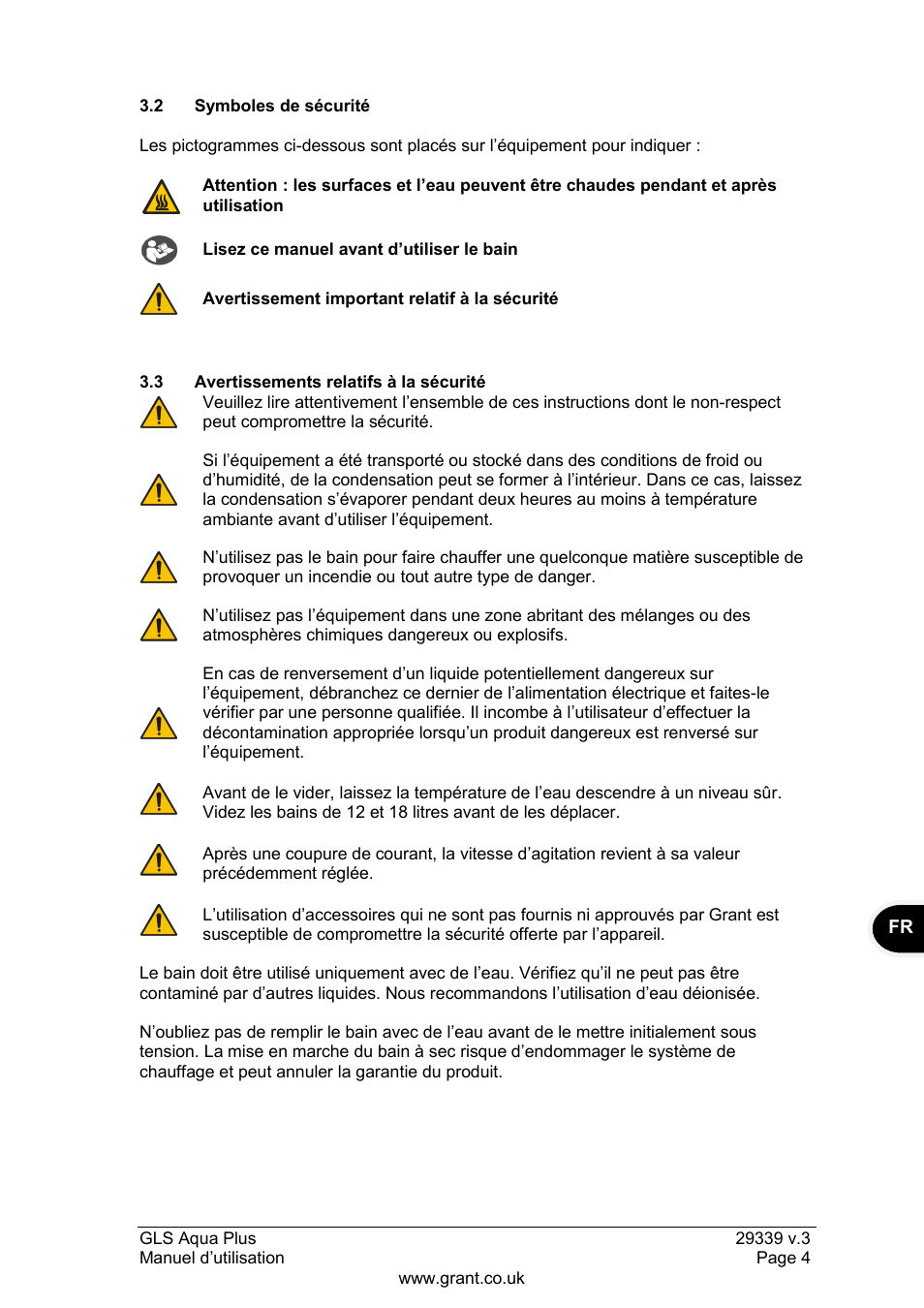 2 symboles de sécurité, 3 avertissements relatifs à la sécurité | Grant Instruments GLS Aqua Plus Operating Manual User Manual | Page 23 / 94