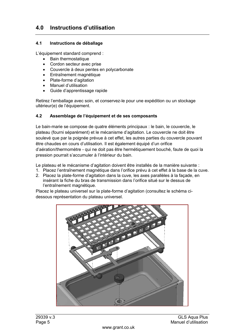 Instructions d‟utilisation, 1 instructions de déballage, 2 assemblage de l‟équipement et de ses composants | 0 instructions d‟utilisation | Grant Instruments GLS Aqua Plus Operating Manual User Manual | Page 24 / 94