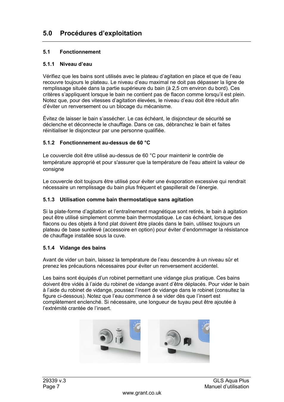 Procédures d‟exploitation, 1 fonctionnement, 1 niveau d‟eau | 2 fonctionnement au-dessus de 60 °c, 4 vidange des bains, 0 procédures d‟exploitation | Grant Instruments GLS Aqua Plus Operating Manual User Manual | Page 26 / 94