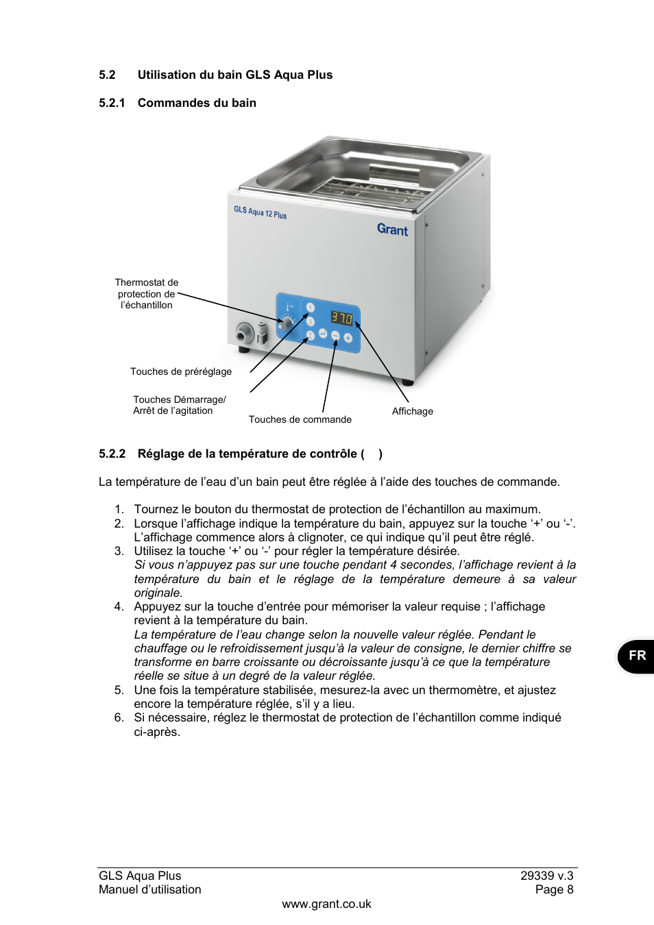 2 utilisation du bain gls aqua plus, 1 commandes du bain, 2 réglage de la température de contrôle | Grant Instruments GLS Aqua Plus Operating Manual User Manual | Page 27 / 94