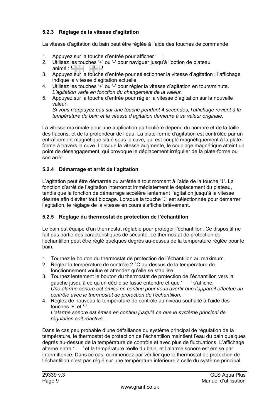 3 réglage de la vitesse d‟agitation, 4 démarrage et arrêt de l‟agitation | Grant Instruments GLS Aqua Plus Operating Manual User Manual | Page 28 / 94