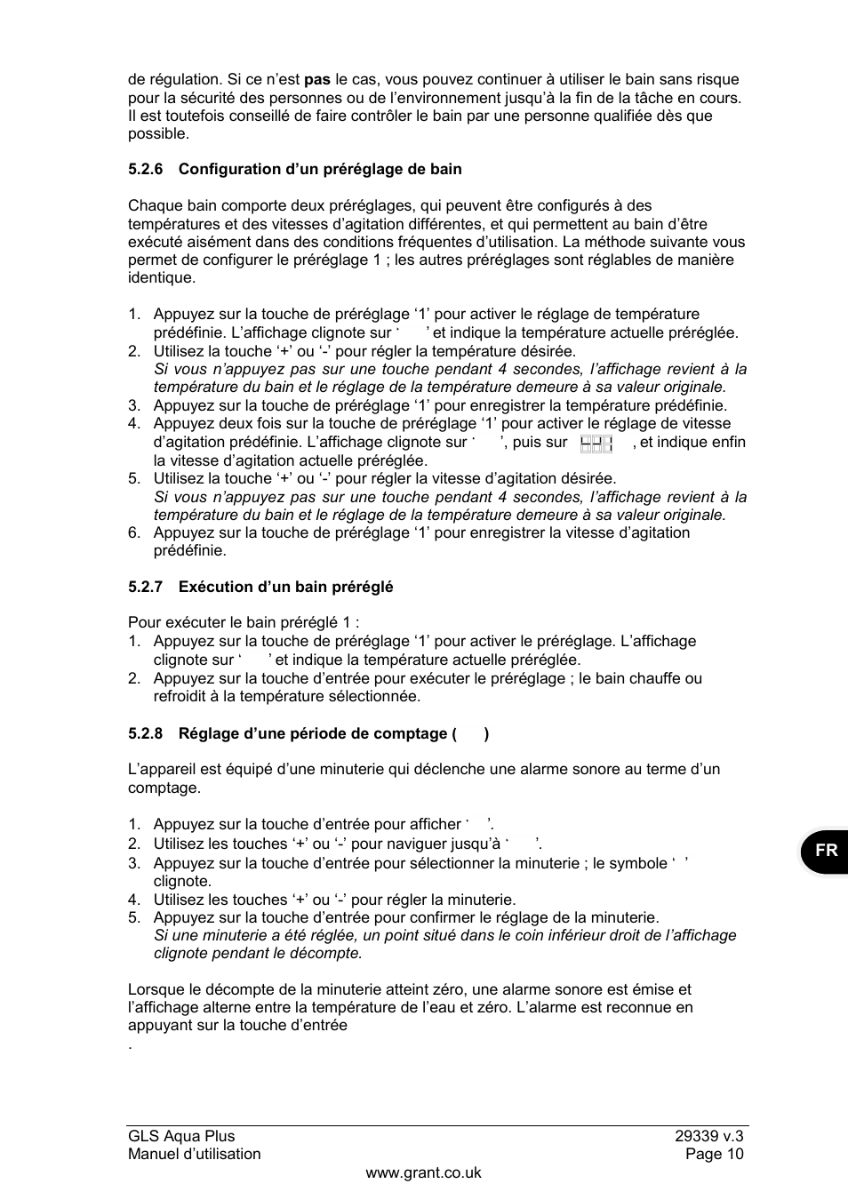 6 configuration d‟un préréglage de bain, 7 exécution d‟un bain préréglé, 8 réglage d‟une période de comptage | Grant Instruments GLS Aqua Plus Operating Manual User Manual | Page 29 / 94