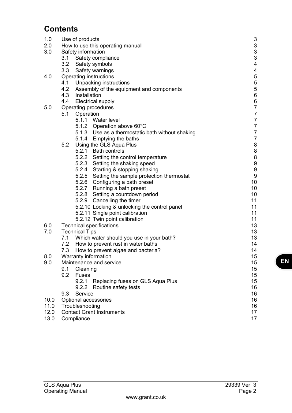 Grant Instruments GLS Aqua Plus Operating Manual User Manual | Page 3 / 94