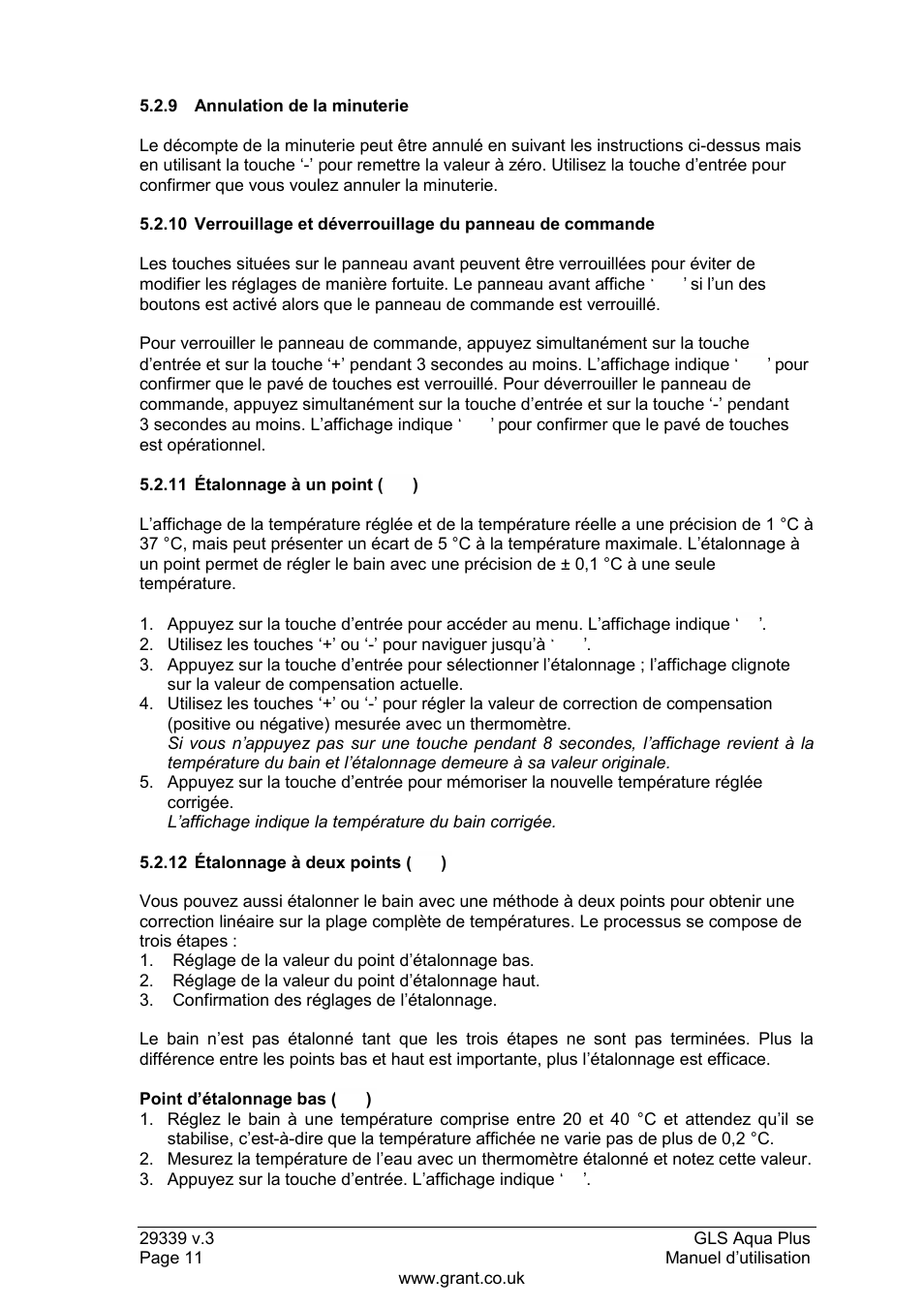 9 annulation de la minuterie, 11 étalonnage à un point, 12 étalonnage à deux points | Grant Instruments GLS Aqua Plus Operating Manual User Manual | Page 30 / 94