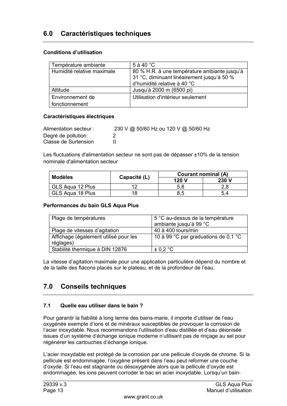 Caractéristiques techniques, Conseils techniques, 1 quelle eau utiliser dans le bain | 0 caractéristiques techniques, 0 conseils techniques | Grant Instruments GLS Aqua Plus Operating Manual User Manual | Page 32 / 94