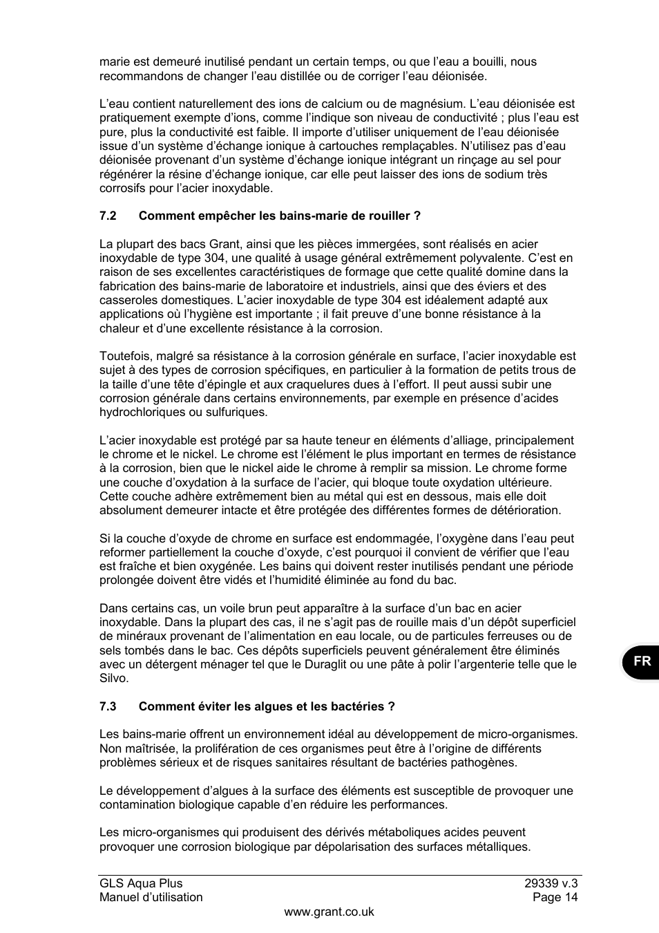 2 comment empêcher les bains-marie de rouiller, 3 comment éviter les algues et les bactéries | Grant Instruments GLS Aqua Plus Operating Manual User Manual | Page 33 / 94