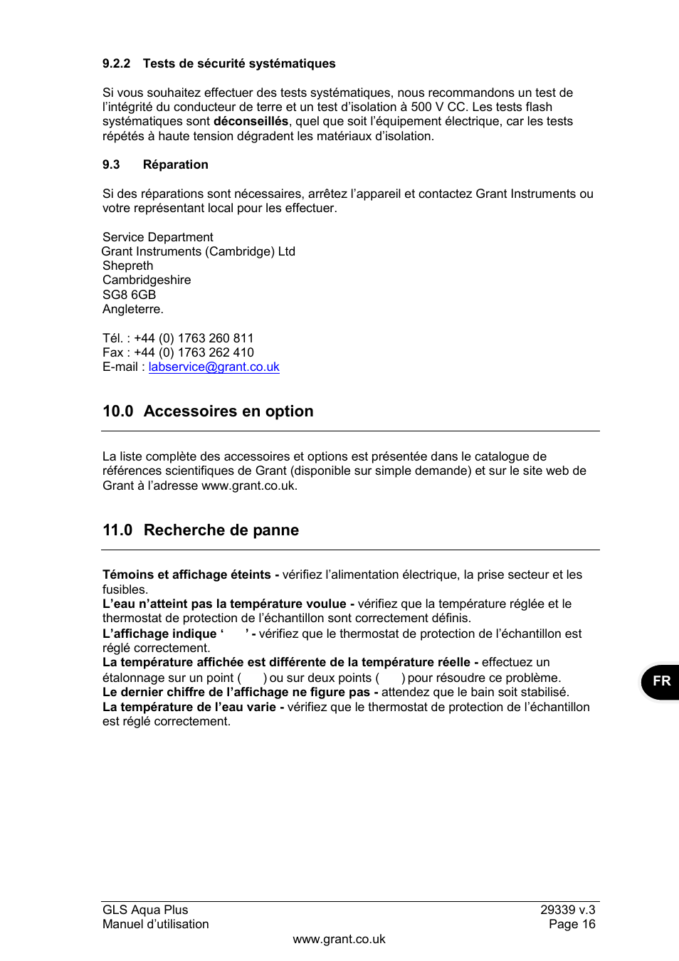 3 réparation, 0 accessoires en option, 0 recherche de panne | Grant Instruments GLS Aqua Plus Operating Manual User Manual | Page 35 / 94