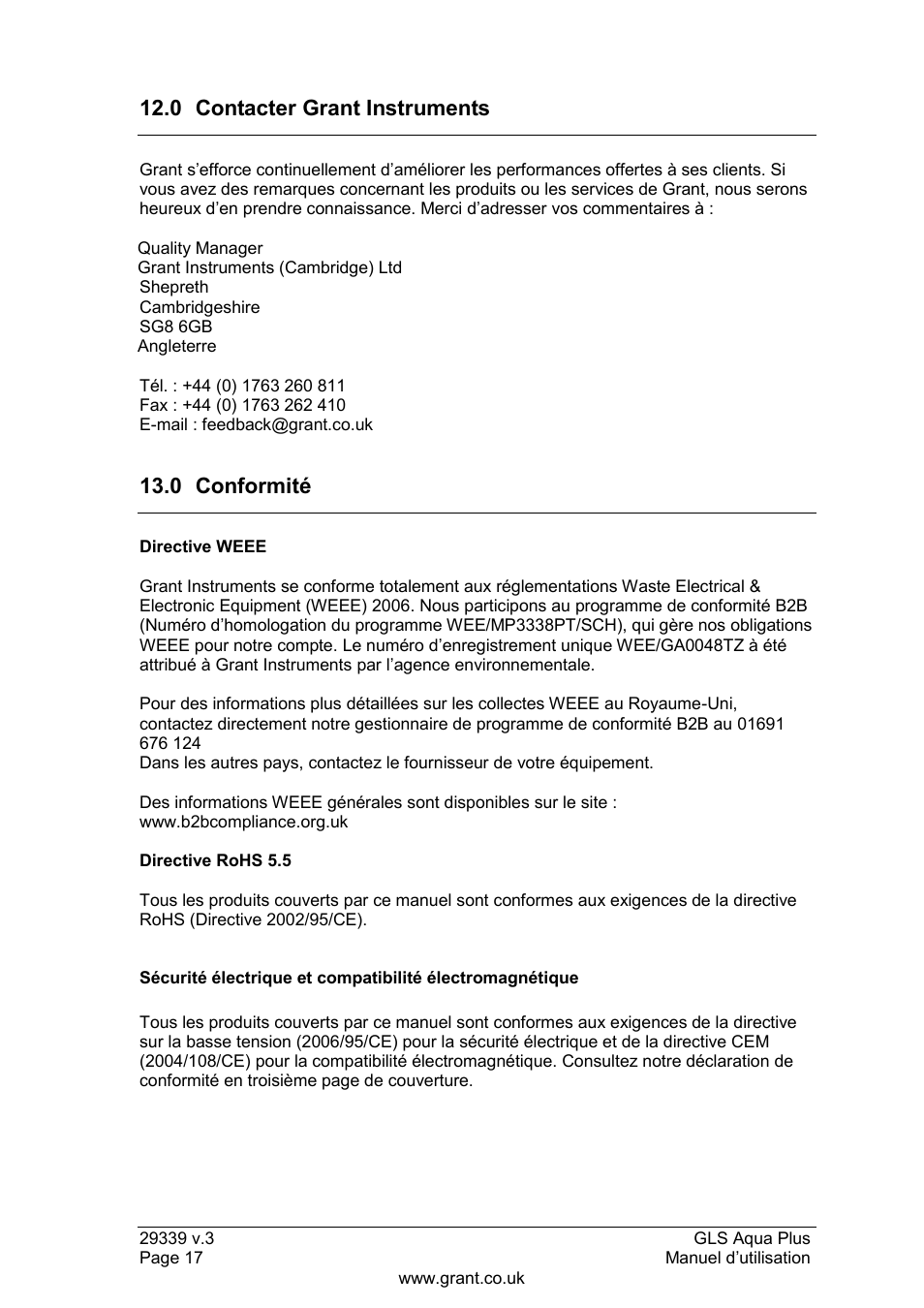 0 contacter grant instruments, 0 conformité | Grant Instruments GLS Aqua Plus Operating Manual User Manual | Page 36 / 94