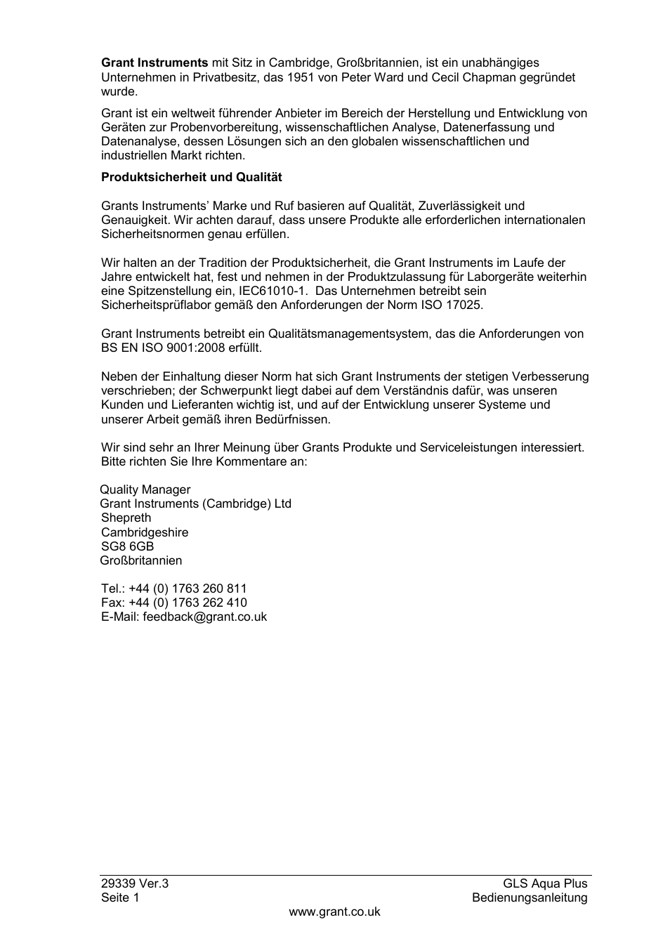 Grant Instruments GLS Aqua Plus Operating Manual User Manual | Page 38 / 94