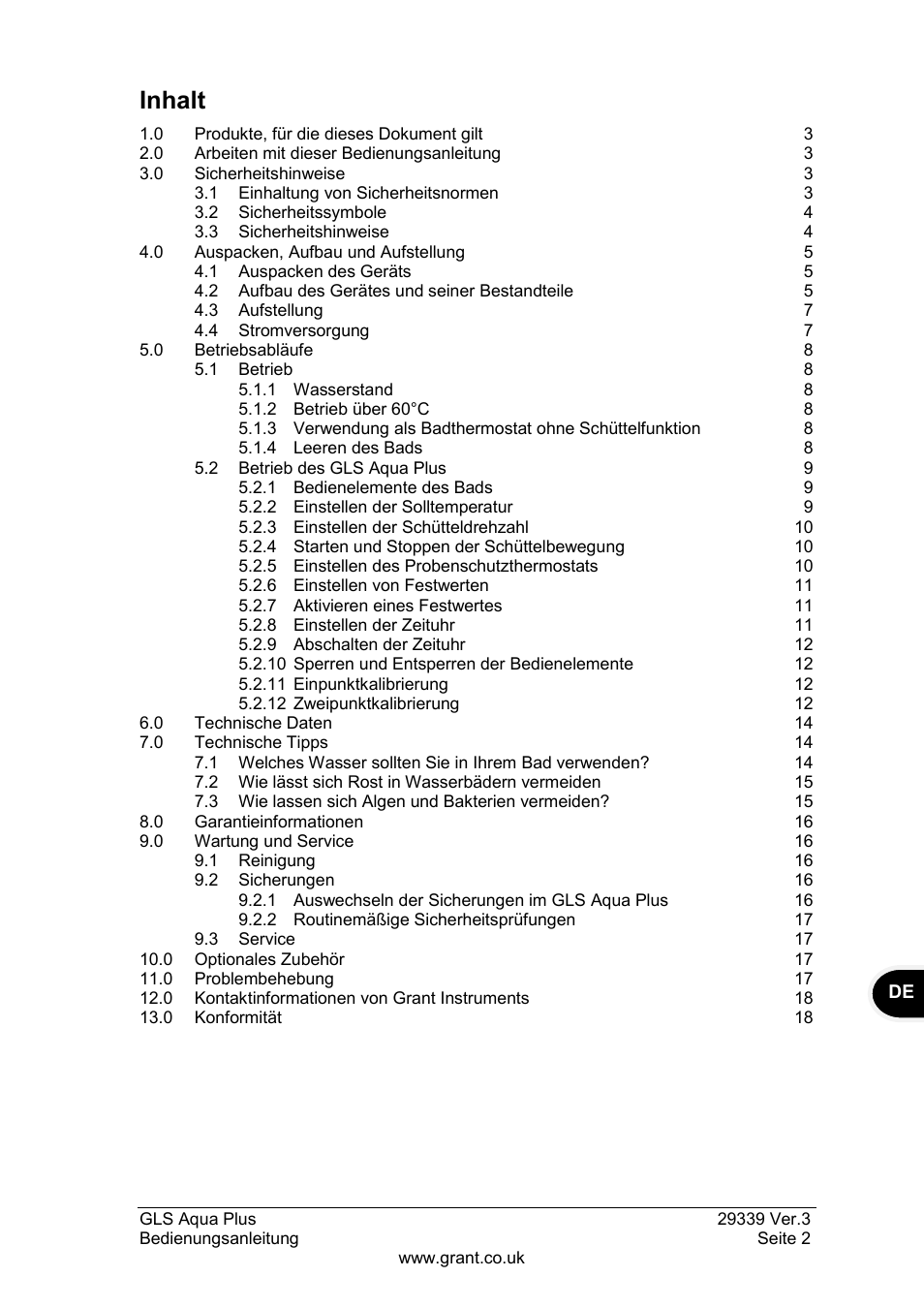 Inhalt | Grant Instruments GLS Aqua Plus Operating Manual User Manual | Page 39 / 94