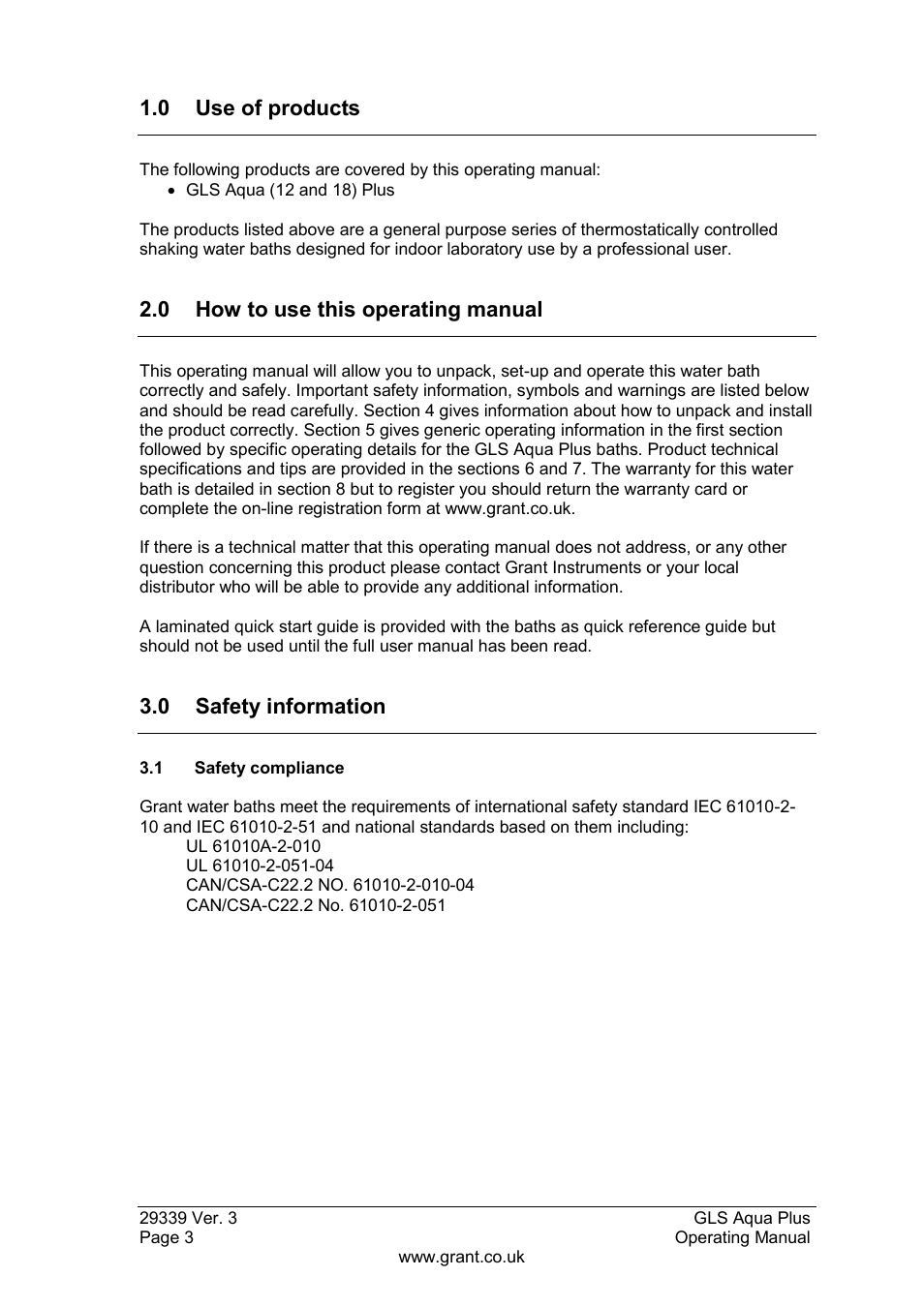 Use of products, How to use this operating manual, Safety information | 1 safety compliance, 0 use of products, 0 how to use this operating manual, 0 safety information | Grant Instruments GLS Aqua Plus Operating Manual User Manual | Page 4 / 94