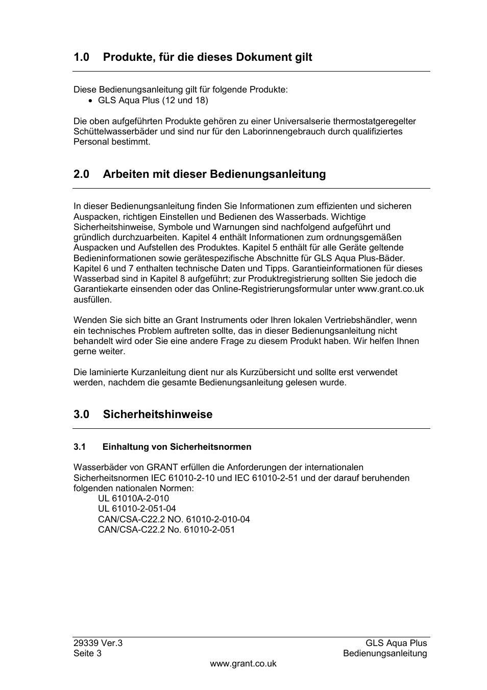 Produkte, für die dieses dokument gilt, Arbeiten mit dieser bedienungsanleitung, Sicherheitshinweise | 1 einhaltung von sicherheitsnormen, 0 produkte, für die dieses dokument gilt, 0 arbeiten mit dieser bedienungsanleitung, 0 sicherheitshinweise | Grant Instruments GLS Aqua Plus Operating Manual User Manual | Page 40 / 94