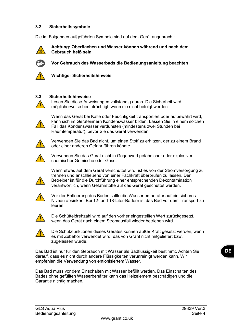 2 sicherheitssymbole, 3 sicherheitshinweise | Grant Instruments GLS Aqua Plus Operating Manual User Manual | Page 41 / 94