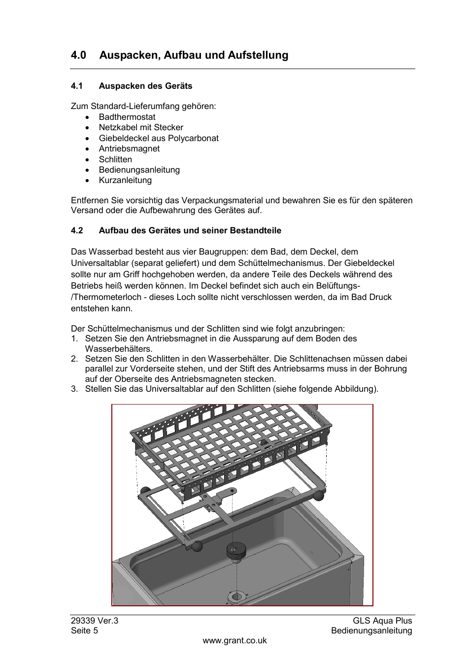 Auspacken, aufbau und aufstellung, 1 auspacken des geräts, 2 aufbau des gerätes und seiner bestandteile | 0 auspacken, aufbau und aufstellung | Grant Instruments GLS Aqua Plus Operating Manual User Manual | Page 42 / 94