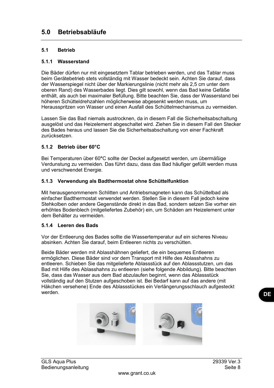 Betriebsabläufe, 1 betrieb, 1 wasserstand | 2 betrieb über 60°c, 4 leeren des bads, 0 betriebsabläufe | Grant Instruments GLS Aqua Plus Operating Manual User Manual | Page 45 / 94