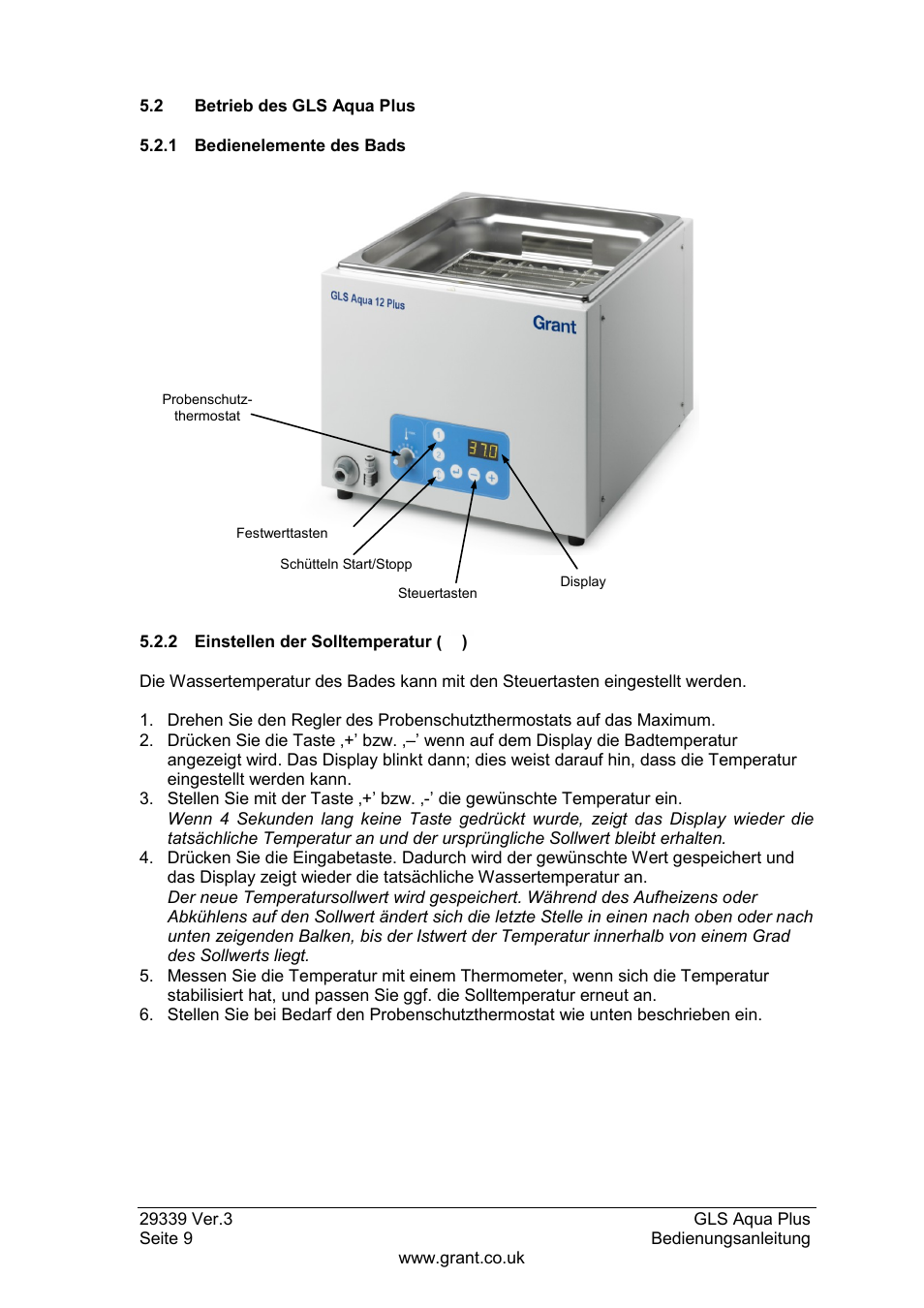 2 betrieb des gls aqua plus, 1 bedienelemente des bads, 2 einstellen der solltemperatur | Grant Instruments GLS Aqua Plus Operating Manual User Manual | Page 46 / 94