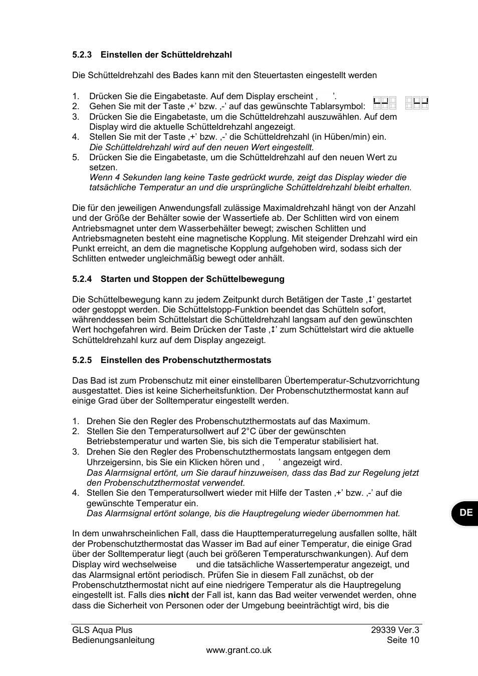 3 einstellen der schütteldrehzahl, 4 starten und stoppen der schüttelbewegung, 5 einstellen des probenschutzthermostats | Grant Instruments GLS Aqua Plus Operating Manual User Manual | Page 47 / 94