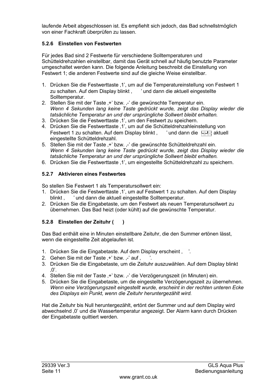 6 einstellen von festwerten, 7 aktivieren eines festwertes, 8 einstellen der zeituhr | Grant Instruments GLS Aqua Plus Operating Manual User Manual | Page 48 / 94