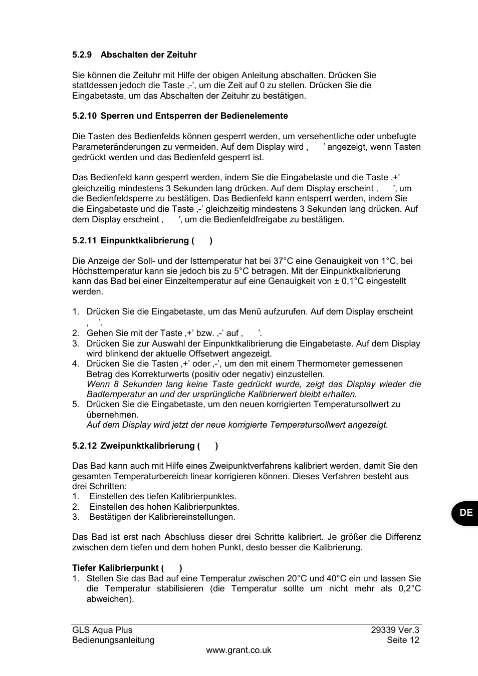 9 abschalten der zeituhr, 10 sperren und entsperren der bedienelemente, 11 einpunktkalibrierung | 12 zweipunktkalibrierung | Grant Instruments GLS Aqua Plus Operating Manual User Manual | Page 49 / 94