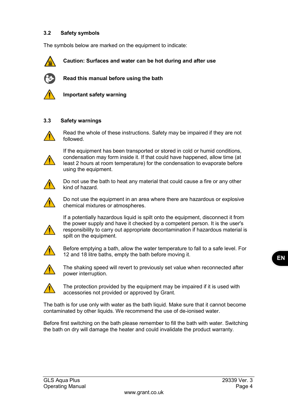 2 safety symbols, 3 safety warnings | Grant Instruments GLS Aqua Plus Operating Manual User Manual | Page 5 / 94