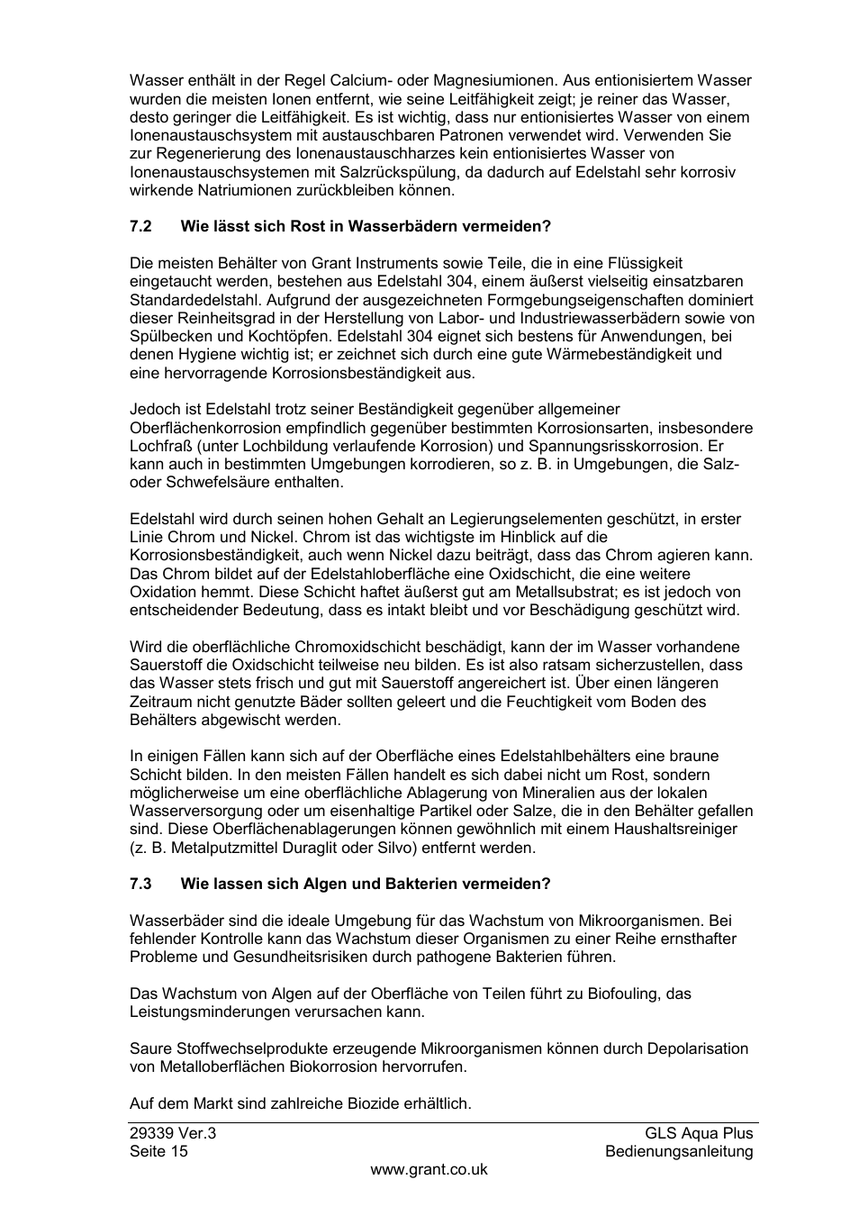 2 wie lässt sich rost in wasserbädern vermeiden, 3 wie lassen sich algen und bakterien vermeiden | Grant Instruments GLS Aqua Plus Operating Manual User Manual | Page 52 / 94