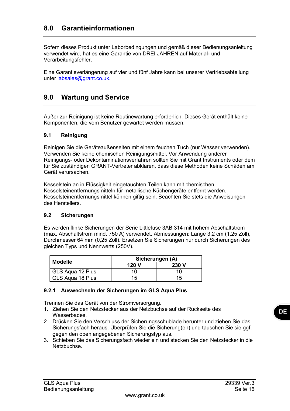 Garantieinformationen, Wartung und service, 1 reinigung | 2 sicherungen, 1 auswechseln der sicherungen im gls aqua plus, 0 garantieinformationen, 0 wartung und service | Grant Instruments GLS Aqua Plus Operating Manual User Manual | Page 53 / 94