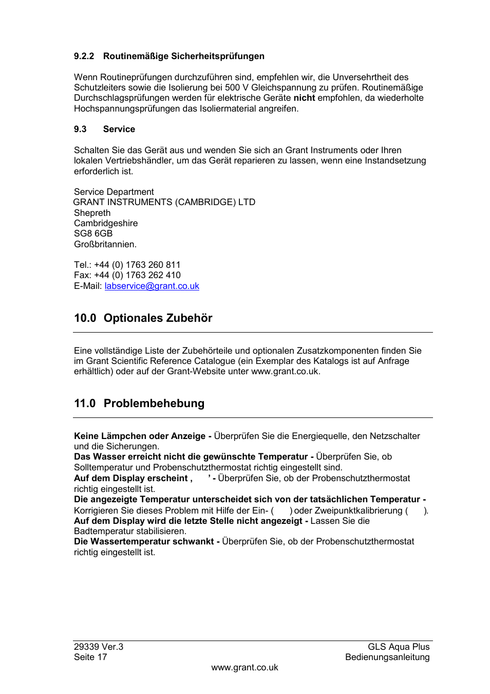 2 routinemäßige sicherheitsprüfungen, 3 service, 0 optionales zubehör | 0 problembehebung | Grant Instruments GLS Aqua Plus Operating Manual User Manual | Page 54 / 94