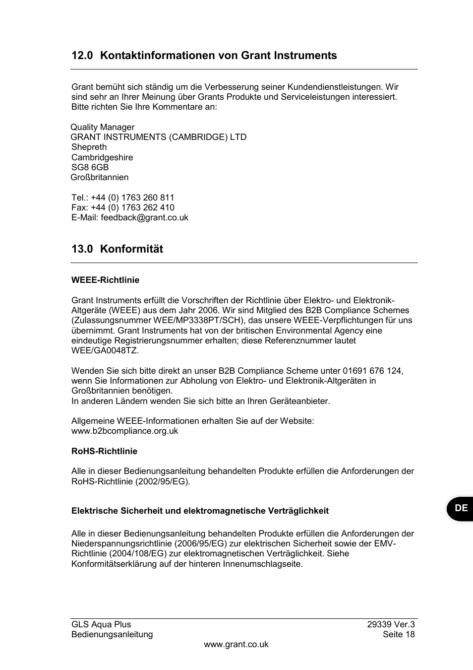 0 kontaktinformationen von grant instruments, 0 konformität | Grant Instruments GLS Aqua Plus Operating Manual User Manual | Page 55 / 94