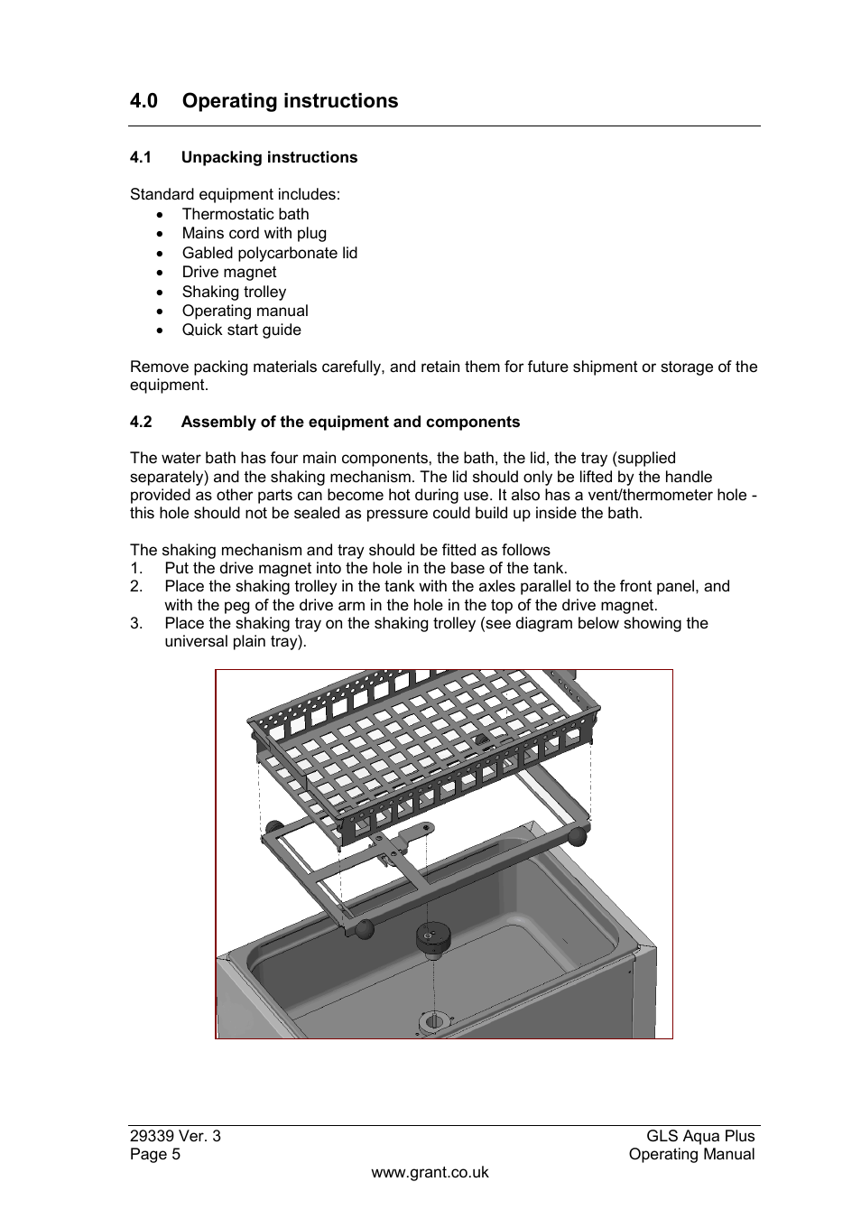 Operating instructions, 1 unpacking instructions, 2 assembly of the equipment and components | 3 installation, 0 operating instructions | Grant Instruments GLS Aqua Plus Operating Manual User Manual | Page 6 / 94