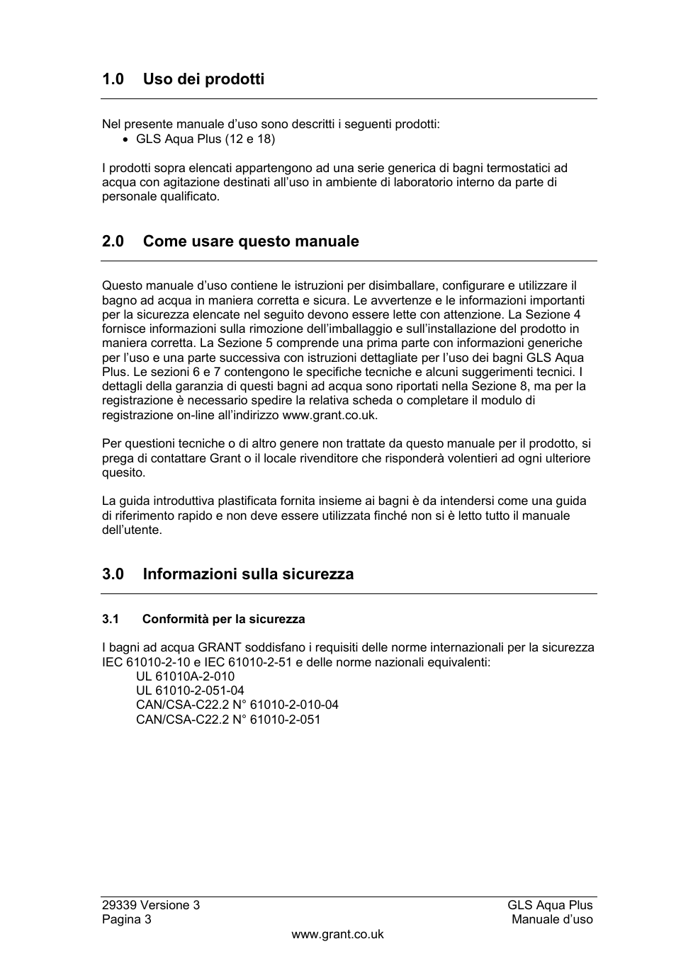 Uso dei prodotti, Come usare questo manuale, Informazioni sulla sicurezza | 1 conformità per la sicurezza, 0 uso dei prodotti, 0 come usare questo manuale, 0 informazioni sulla sicurezza | Grant Instruments GLS Aqua Plus Operating Manual User Manual | Page 60 / 94