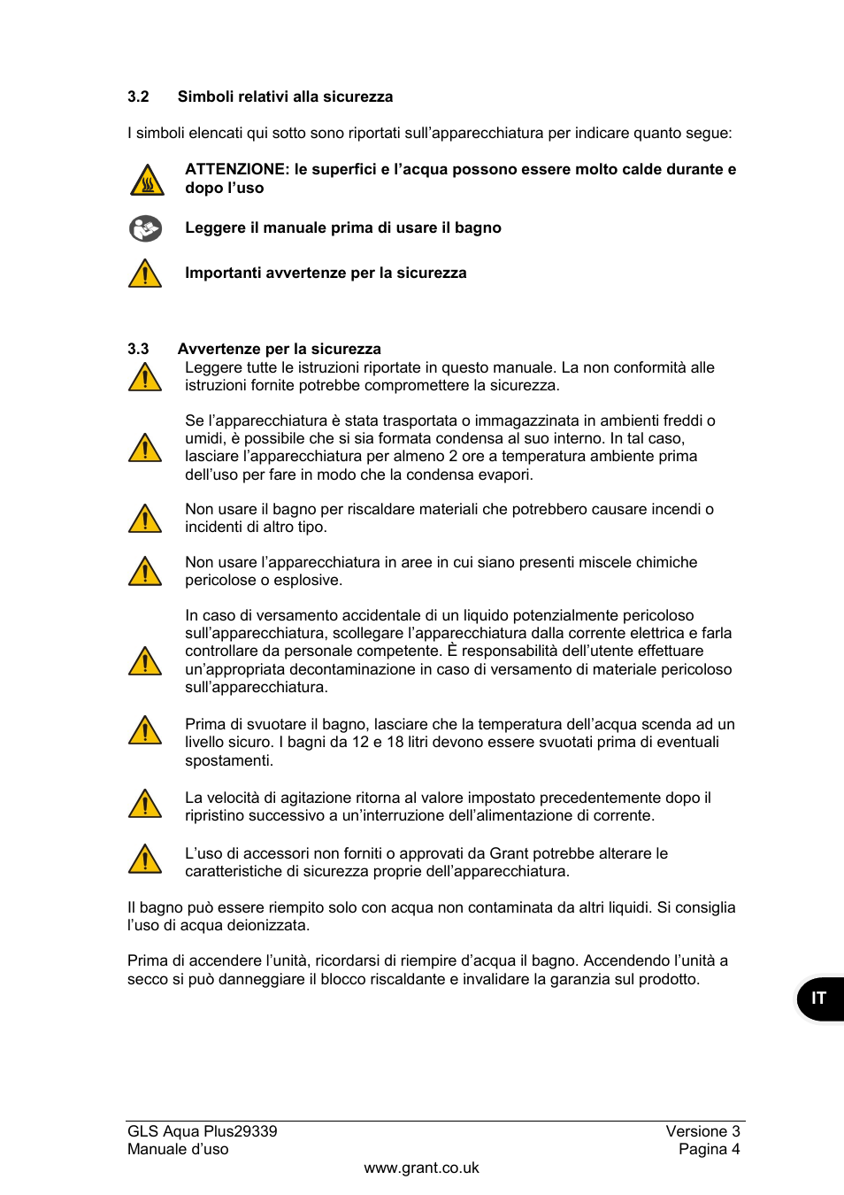 2 simboli relativi alla sicurezza, 3 avvertenze per la sicurezza | Grant Instruments GLS Aqua Plus Operating Manual User Manual | Page 61 / 94