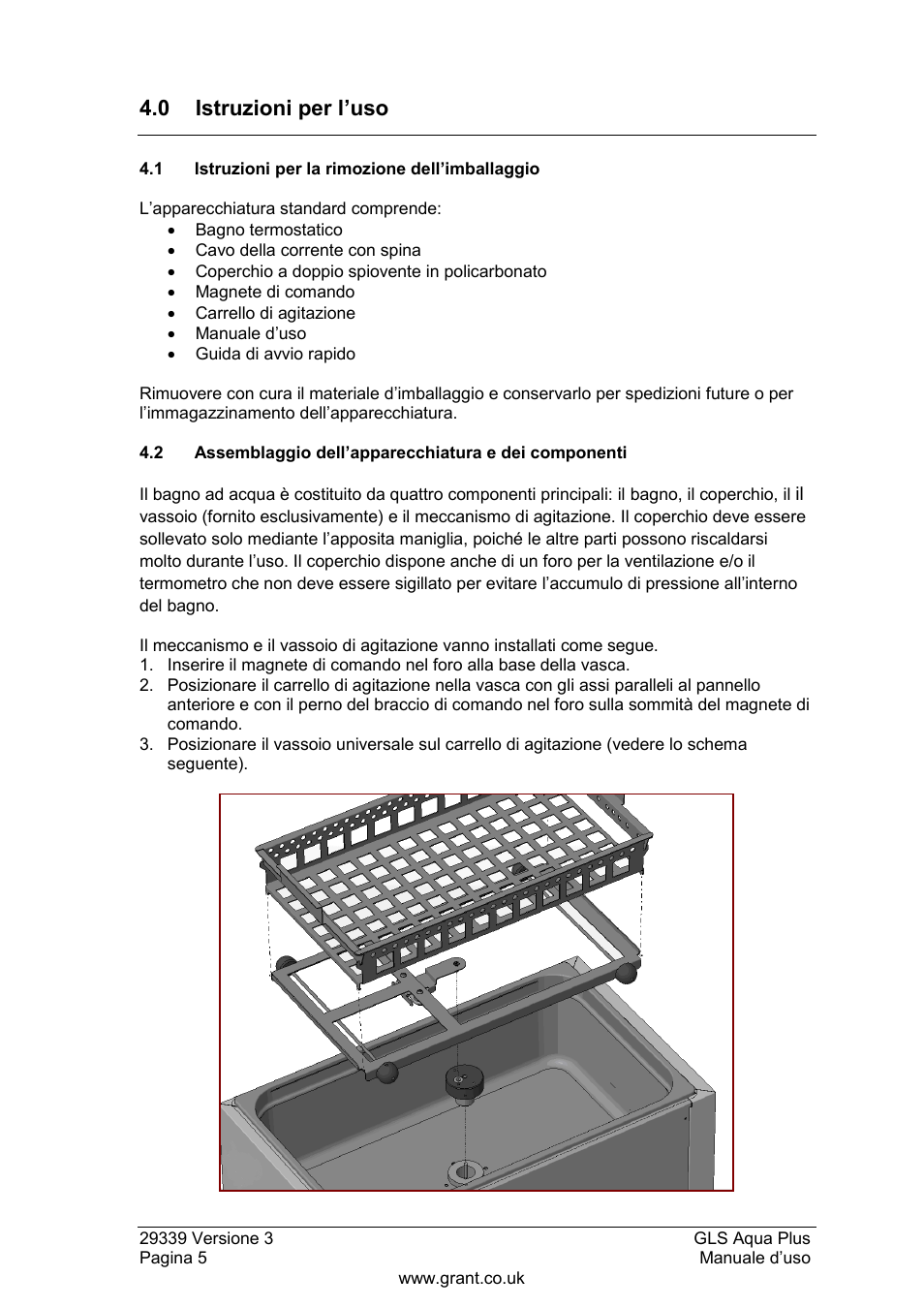 Istruzioni per l‟uso, 1 istruzioni per la rimozione dell‟imballaggio, 3 installazione | 0 istruzioni per l‟uso | Grant Instruments GLS Aqua Plus Operating Manual User Manual | Page 62 / 94
