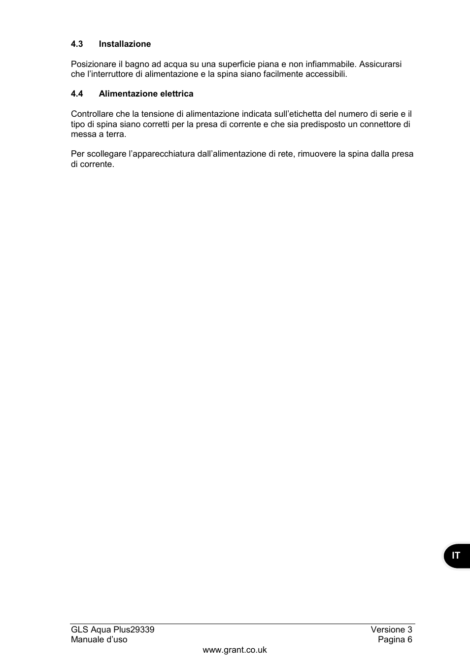 4 alimentazione elettrica | Grant Instruments GLS Aqua Plus Operating Manual User Manual | Page 63 / 94