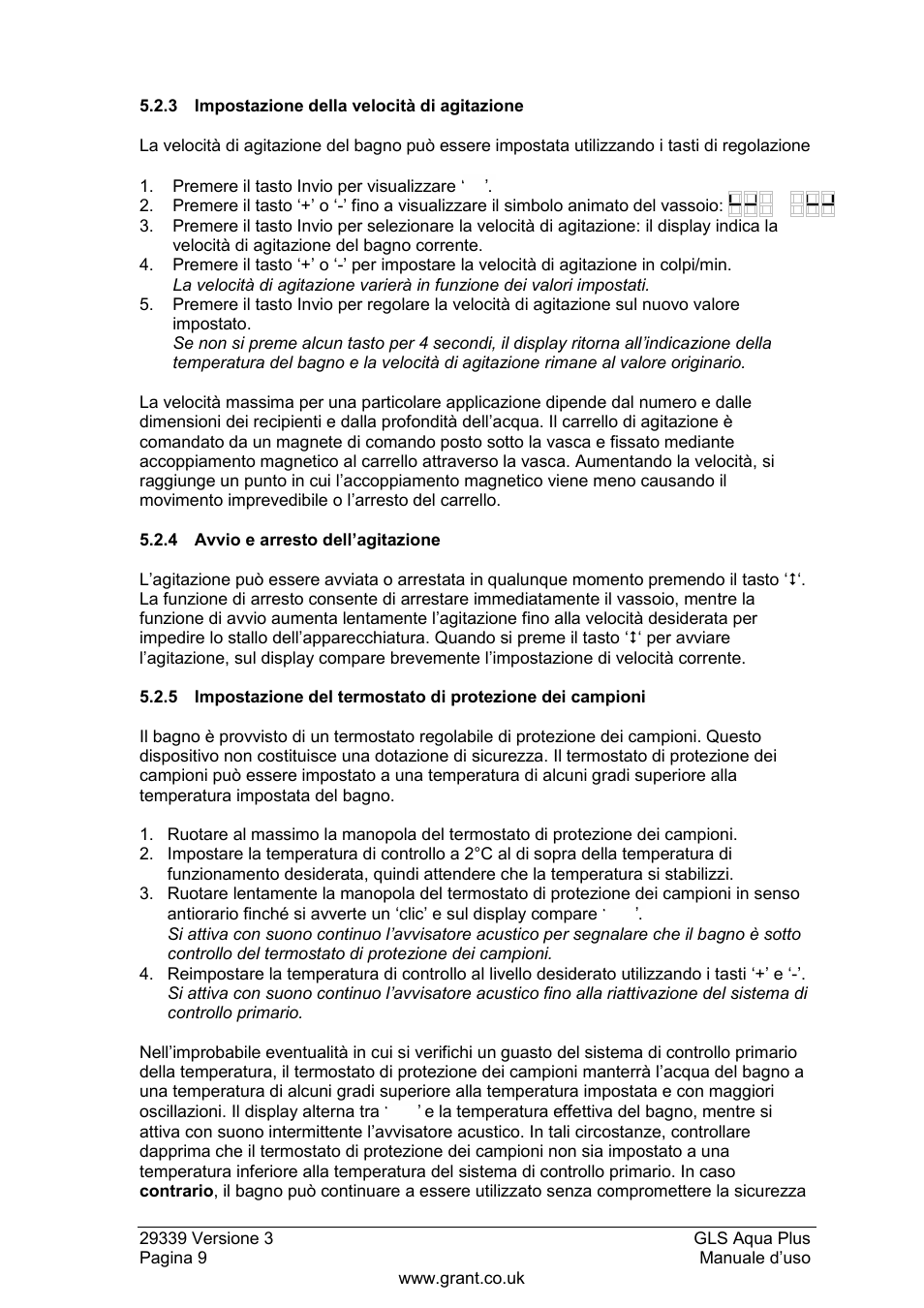 3 impostazione della velocità di agitazione, 4 avvio e arresto dell‟agitazione | Grant Instruments GLS Aqua Plus Operating Manual User Manual | Page 66 / 94