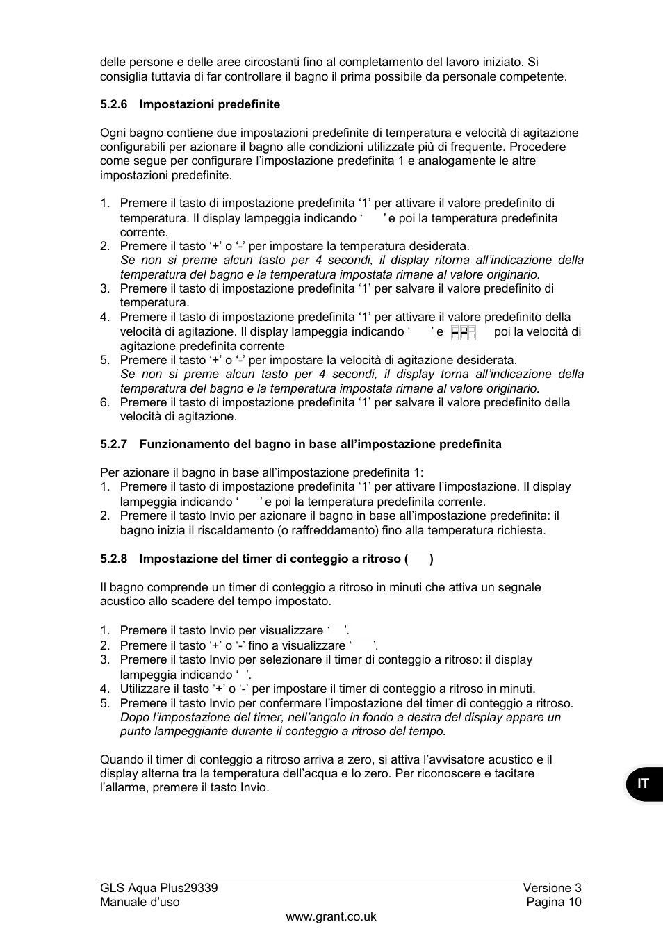 6 impostazioni predefinite, 8 impostazione del timer di conteggio a ritroso | Grant Instruments GLS Aqua Plus Operating Manual User Manual | Page 67 / 94