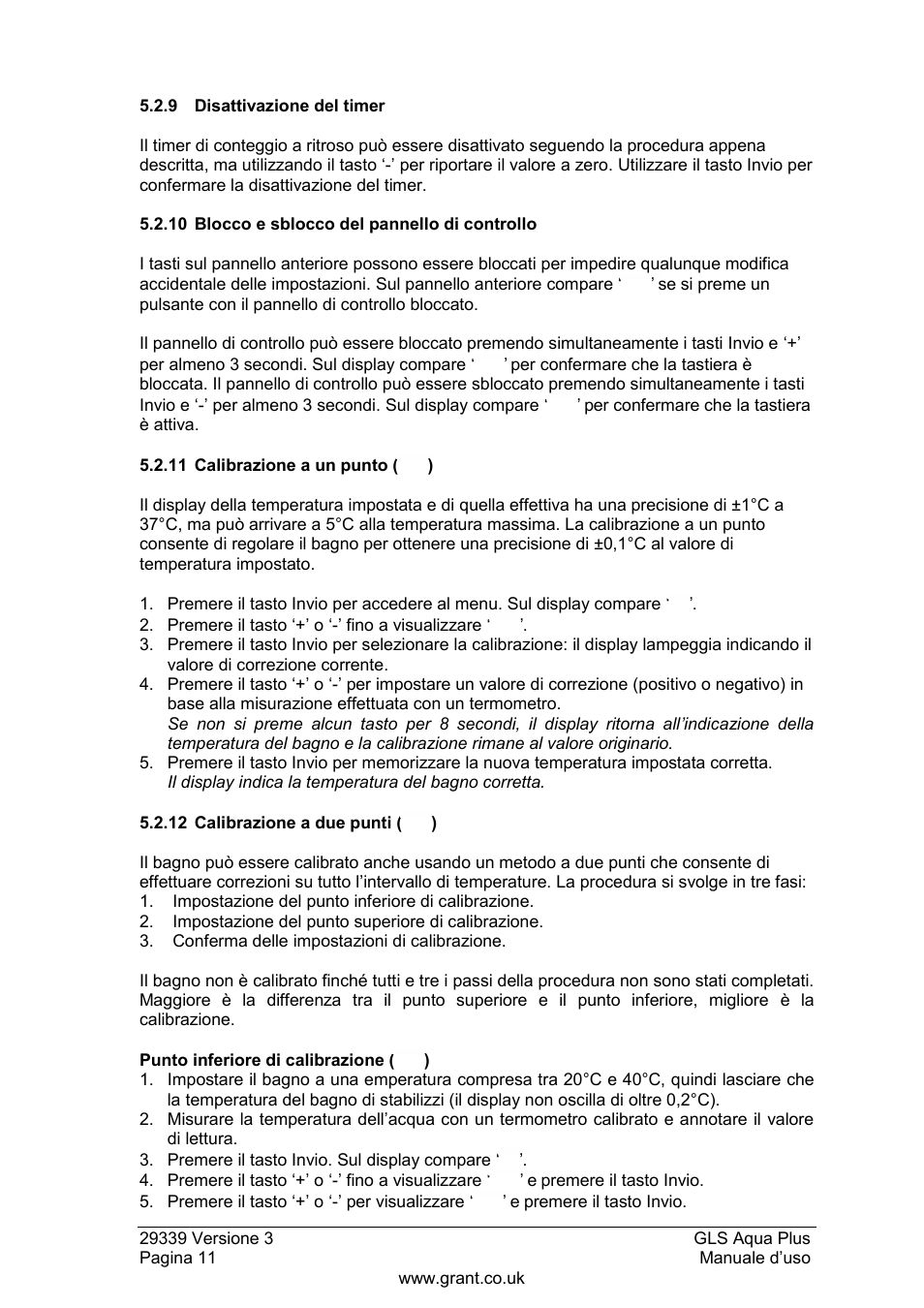 9 disattivazione del timer, 10 blocco e sblocco del pannello di controllo, 11 calibrazione a un punto | 12 calibrazione a due punti | Grant Instruments GLS Aqua Plus Operating Manual User Manual | Page 68 / 94